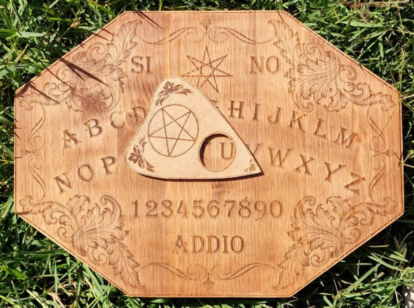 Tavola Ouija e Planchette in Legno Pirografato